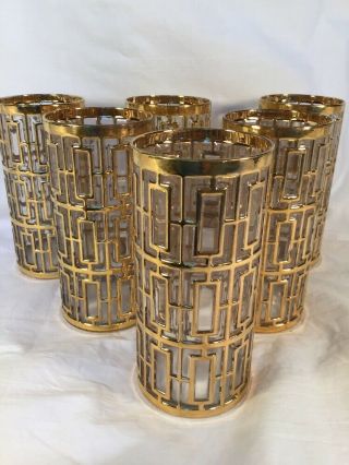 Vintage Imperial Glass Gold Shoji Trellis 15 Oz Highball Glasses Set Of 6 Mcm