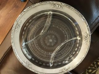 Wallace Sterling Silver Etched Glass Divided Dish Tray Flowers 10.  5 " Vintage