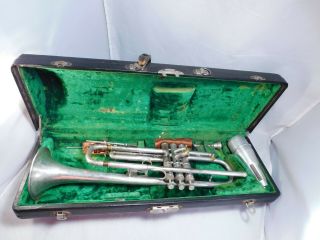 Vintage Conn Elkhart Silver Finished B Flat Trumpet Outfit In Case