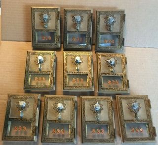 10 Antique Brass Post Office Box Doors 3 1/2” X 5 " Includes All Combinations