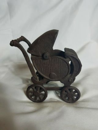 Antique Vintage Cast Iron Baby Carriage Stroller Black Moving Wheels Heavy