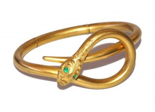 Art Deco Costume Gold Colored Double Hinged Green Eyed Snake Motif Bracelet (hil