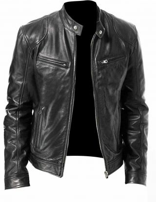 Leather Jacket For Men Cafe Racer Top Black Upper Sheep Skin Vintage Biker Retro