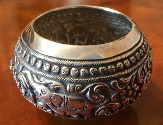 Lovely Vintage Small Asian/indian Silver Bowl - Elephants,  Birds & Flowers