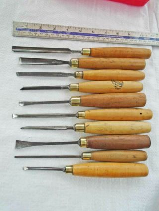 Vintage Selection Of 10 Wood Carving Tools By Herring,  Marples,  Sorby Et Al