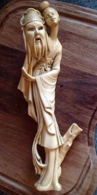 Quality Vintage Chinese Resin Faux Bone Carved Figurine - Signed 13.  5 Inch High