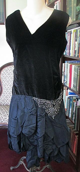 1920s Blk China Silk/velvet Flapper Dress High Low Hemline W/beaded Accent Sz M
