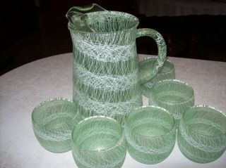 7 Vintage Spagheti String Glass Drinking Glasses Pitcher Color Craft Md Century