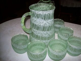7 Vintage Spagheti String Glass Drinking Glasses Pitcher Color Craft Md Century 4