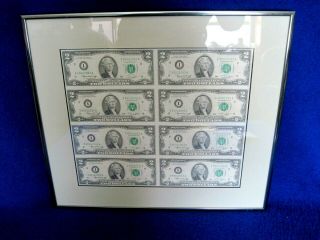 Vintage Uncut Us Currency Set Of 8 - 1976,  $2 Two Dollar Bills Nicely Framed