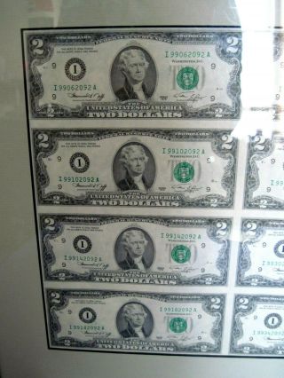 Vintage uncut US currency set of 8 - 1976,  $2 two dollar bills nicely framed 4