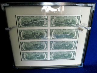 Vintage uncut US currency set of 8 - 1976,  $2 two dollar bills nicely framed 5