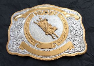 Vtg Rare Huge 6” Crumrine Silver Gold Bullriding Cowboy Rodeo Trophy Belt Buckle