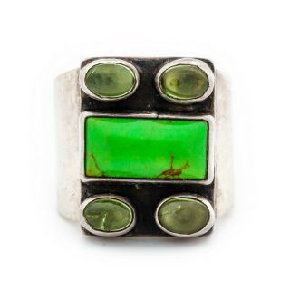 Vintage Deco Mid Century Sterling Silver Turquoise Peridot 16 mm Band Ring S 7.  5 2