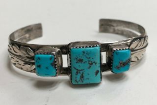Vintage Navajo Indian Silver & Turquoise Bracelet With Feathers