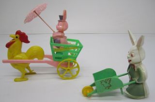 Set 2 Vtg Rosbro Easter Express Toys Figurines Rabbit Bunny Wheelbarrow Cart