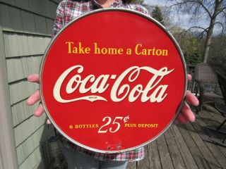 RARE 1920 ' s DOUBLE SIDED COCA COLA ROUND DISPLAY RACK TOPPER SIGN SODA 2