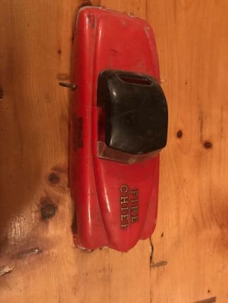 Vintage Saunders Fire Chief Plastic Windup Car Red W/ Black Roof 2 Dr.  10 1/4 " L
