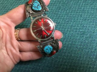 Vintage Navajo Sterling Silver Turquoise Coral Watch Band W Vantage Watch Logo