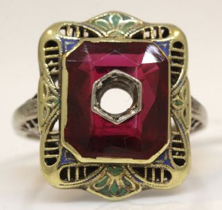 Vintage 14k White Gold Mounting With Ruby And Enamel B5