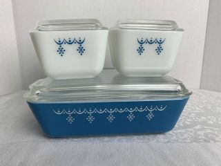 Vintage Pyrex Snowflake Garland Refrigerator Dish Set 501 & 503 “mint”