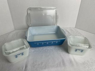 Vintage Pyrex Snowflake Garland Refrigerator Dish Set 501 & 503 “MINT” 2