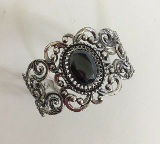 Vtg Danecraft Sterling & Hematite Ornate Scroll Wide Cuff Bracelet