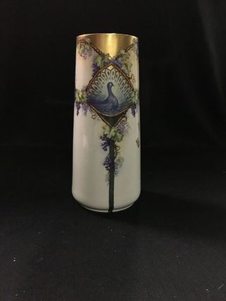 Antique Signed “me Monarch” Willets Belleek 10” Tall Vase Peacock Motif 14k Gold