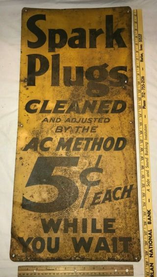 Antique Spark Plugs Cleaned Ac Method Tin Litho Sign Gas Oil Car Service Station
