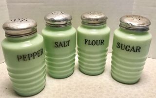 Vintage Jeannette Jadite Ribbed Salt Pepper Sugar Flour Shaker Set
