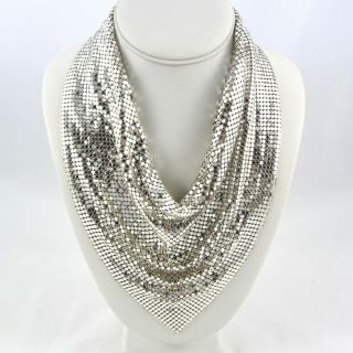 Vintage Whiting & Davis Silver Mesh Bib Scarf Necklace Signed 1970s