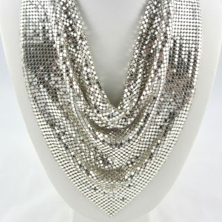 Vintage Whiting & Davis Silver Mesh Bib Scarf Necklace Signed 1970s 2