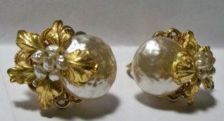 Vintage Miriam Haskell Earrings Baroque Pearl Golden Leaves Screw Back Clips