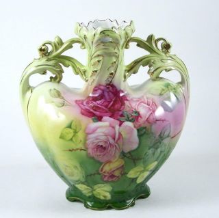 Vintage Royal Bayreuth Vase Pink Roses On Multi Color Ground 1902 - 30