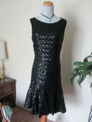 Vtg 50s Black Sequin Cocktail Wiggle Bombshell Dress Flareout Hem Fishtail M