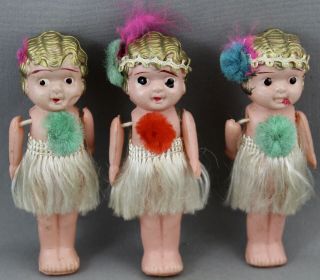 3 Vintage Hula Celluliod Dolls - Made In Japan