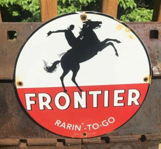 Vintage Frontier Gasoline Porcelain Sign,  Pump Plate,  Motor Oil (dated 1930)