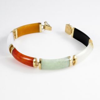 Jade Links Bracelet Vintage Chinese 14k Yellow Gold Multi - Color 14.  2 G | 7.  25 "