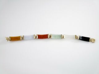 Jade Links Bracelet Vintage Chinese 14k Yellow Gold Multi - Color 14.  2 g | 7.  25 