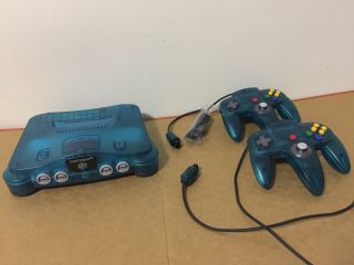 Nintendo 64 N64 Ice Blue Console & 2 Controllers & Nus - 004 Funtastic System Vtg