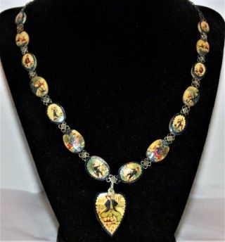 Vintage Persian Painted Bone Bead Story Necklace 19.  5 Inches