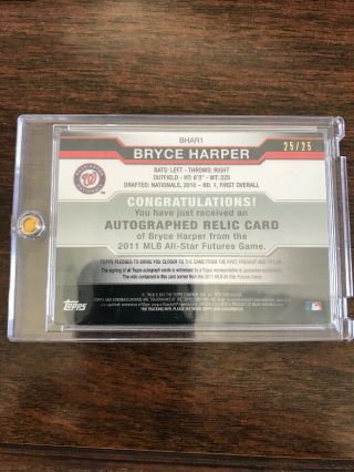 2011 Bowman Chrome Draft Bryce Harper RC Gold Relic Autograph 25/25 Auto Rare 2