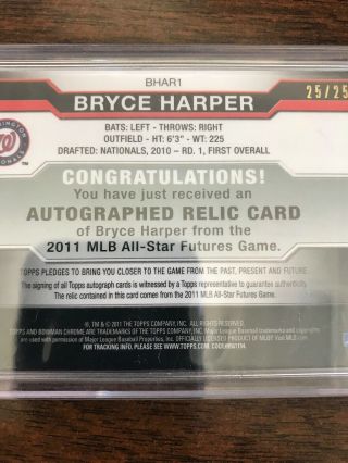 2011 Bowman Chrome Draft Bryce Harper RC Gold Relic Autograph 25/25 Auto Rare 4