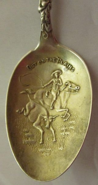 Vtg Texas Cowboy Out On The Plains Souvenir Sterling Spoon Horse Cow Lasso