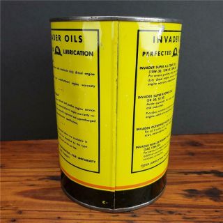 Vintage 1 qt.  NOS INVADER Motor Oil Can FULL METAL Gas station sign 5