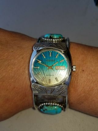 Estate Vintage Sterling Silver Navajo Cuff Watch Band W/ Citizen Watch