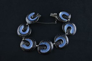 Vintage Sterling Silver Swirl Link Bracelet W Blue Enamel Inlay - 46g