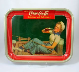 Coke Coca Cola Tray Vintage 1940 Sailor Girl Fishing Dock American Art