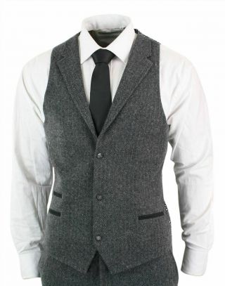 Mens Grey Black 3 Piece Tweed Suit Herringbone Wool Vintage Retro Peaky Blinders 2