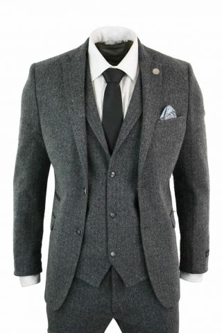Mens Grey Black 3 Piece Tweed Suit Herringbone Wool Vintage Retro Peaky Blinders 3